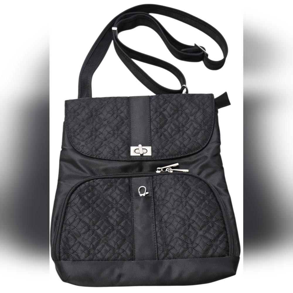Travelon Black Quilted Crossbody Bag with Silver Hardware